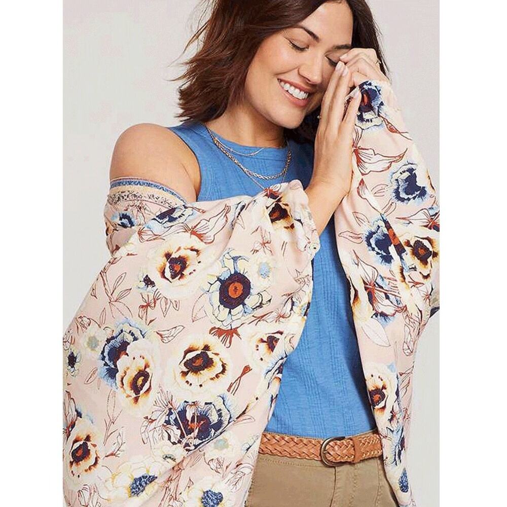 Maurices Pink Floral Peasant Sleeve Kimono XL Large Boho Spring Cover Up Cottage - Picture 3 of 13
